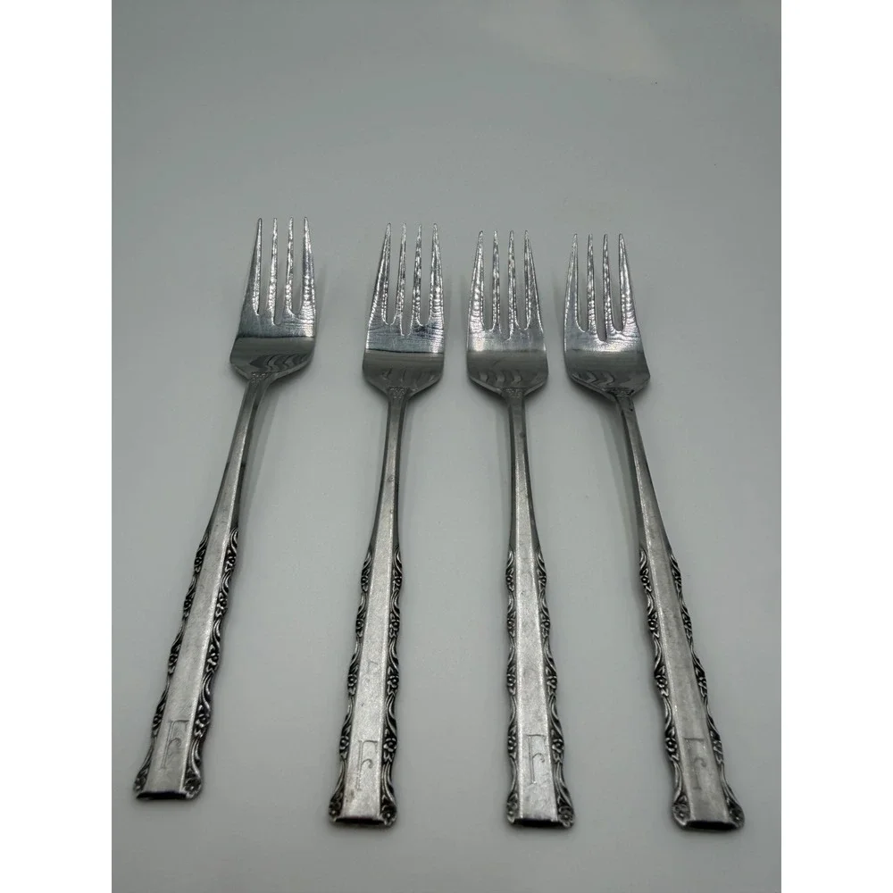 Ekco Eterna Stainless Steel Dinner Forks Set of 4 Monogram F Japan Vintage